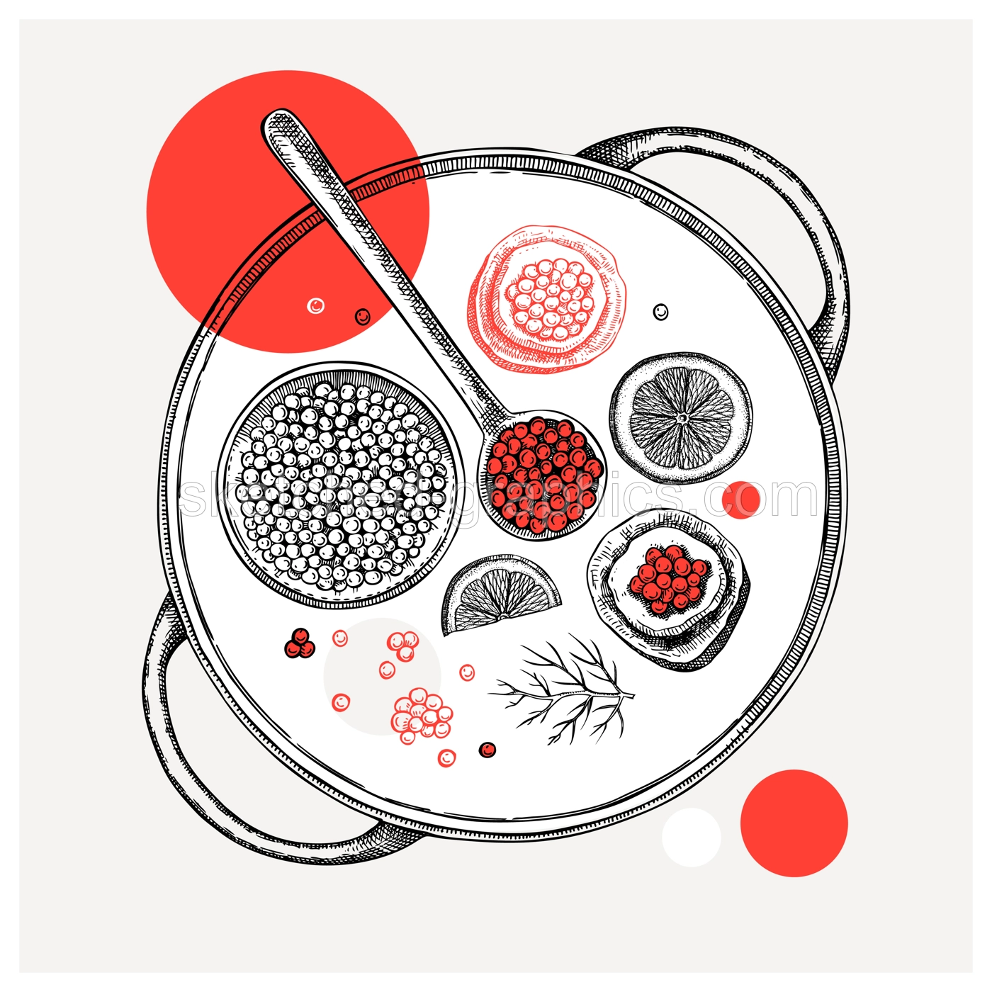 Hand-drawn tray with canned caviar, red caviar canape, lemons and dill illustrations. Finger food sketches set. Seafood delicacy drawings in collage style for restaurant menu design Illustration